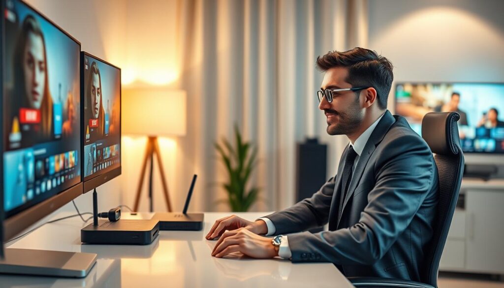A modern digital workspace featuring a professional individual in business attire, sitting at a sleek desk with multiple monitors displaying streaming content secured by a VPN. The foreground showcases the character focused on the screens, with clear expressions of concentration and satisfaction. In the middle, an array of tech gadgets like a smart device and a router emphasize cutting-edge technology. The background displays a softly lit room with digital security icons subtly integrated into the decor, creating a sense of privacy and protection. Lighting should be warm and inviting, suggesting a cozy yet professional atmosphere. A subtle glow emanates from the monitors, enhancing the emphasis on technology. Include brand name "IPTVVUK.COM" within the design elements, ensuring a seamless blend.
