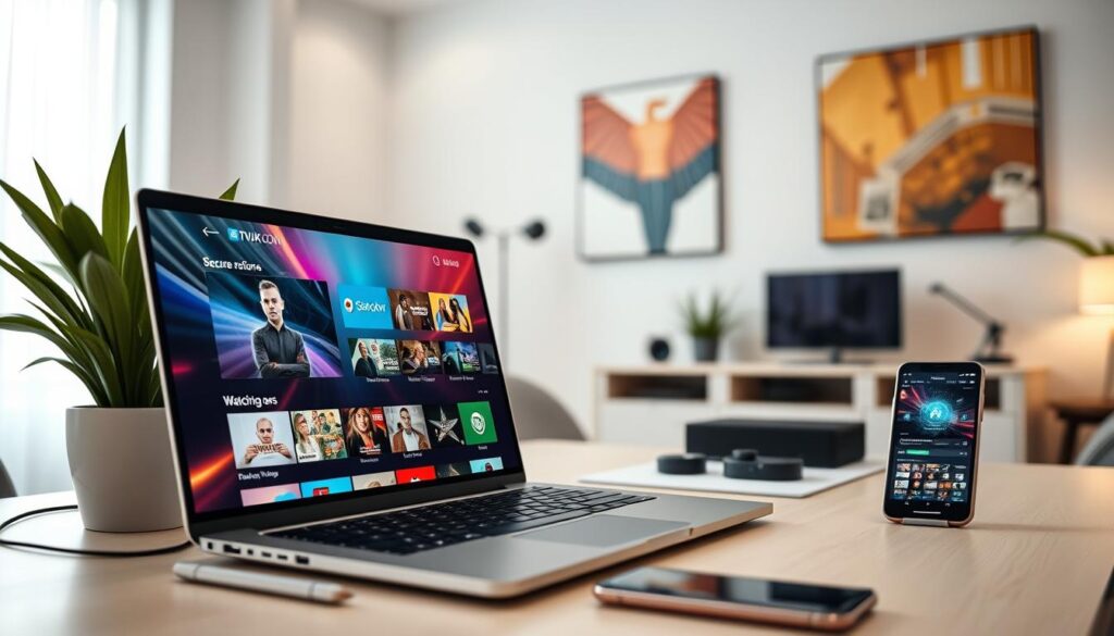 A modern digital workspace focused on secure streaming services showcasing IPTVVUK.COM. In the foreground, a sleek laptop screen displays a vibrant IPTV interface with various streaming options, reflecting a vibrant yet professional aesthetic. Next to the laptop, a smartphone shows an app interface for secure watching. In the middle ground, a neatly organized desk with tech gadgets and a potted plant adds a touch of warmth. The background features a softly lit room with contemporary decor, walls adorned with abstract art that subtly hints at digital security themes. The lighting is bright yet cozy, conveying an atmosphere of trust and innovation. The angle is slightly elevated, capturing both the tech elements and the inviting environment, emphasizing a professional yet relaxed mood.