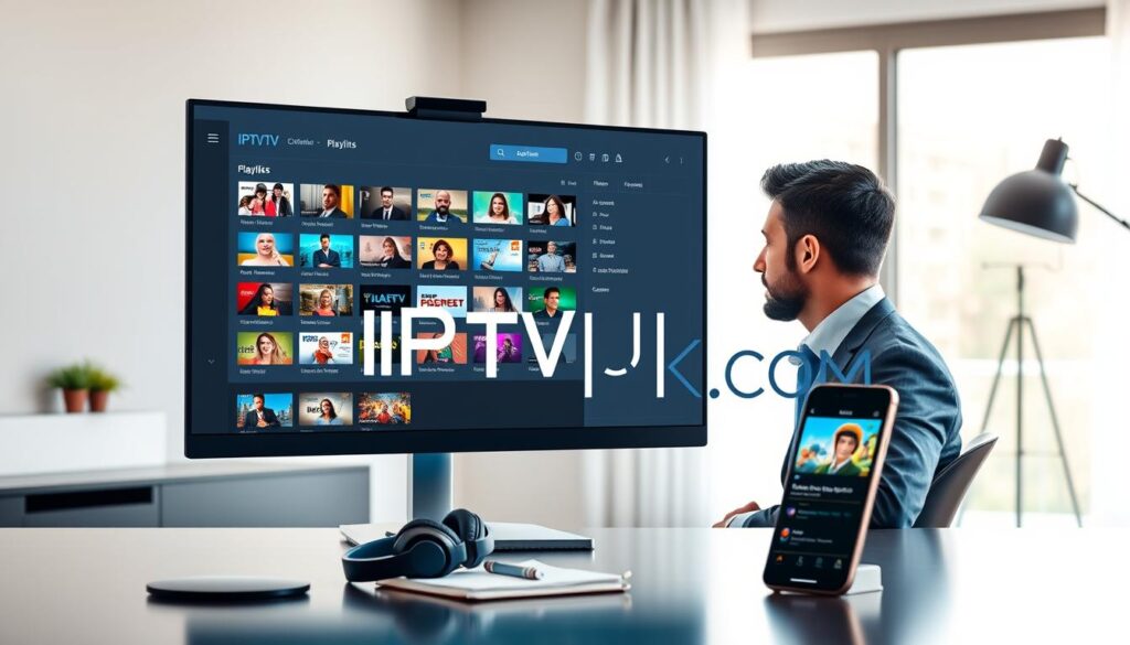 A modern digital workspace showcasing IPTV playlists management. In the foreground, a sleek computer monitor displays an organized playlist interface, showing various IPTV channels with vibrant thumbnails. A professional individual, dressed in business casual attire, is seated in front of the monitor, immersed in the process of adding and managing playlists. The middle ground highlights a stylish desk with headphones, a notebook, and a smartphone displaying an IPTV app. The background features a softly lit room with a large window, allowing natural light to stream in, creating a warm and inviting atmosphere. The color palette includes blues and greens for a tech-savvy feel. Include the brand name "IPTVVUK.COM" subtly integrated into the design of the interface. A modern digital workspace showcasing IPTV playlists management. In the foreground, a sleek computer monitor displays an organized playlist interface, showing various IPTV channels with vibrant thumbnails. A professional individual, dressed in business casual attire, is seated in front of the monitor, immersed in the process of adding and managing playlists. The middle ground highlights a stylish desk with headphones, a notebook, and a smartphone displaying an IPTV app. The background features a softly lit room with a large window, allowing natural light to stream in, creating a warm and inviting atmosphere. The color palette includes blues and greens for a tech-savvy feel. Include the brand name "IPTVVUK.COM" subtly integrated into the design of the interface.