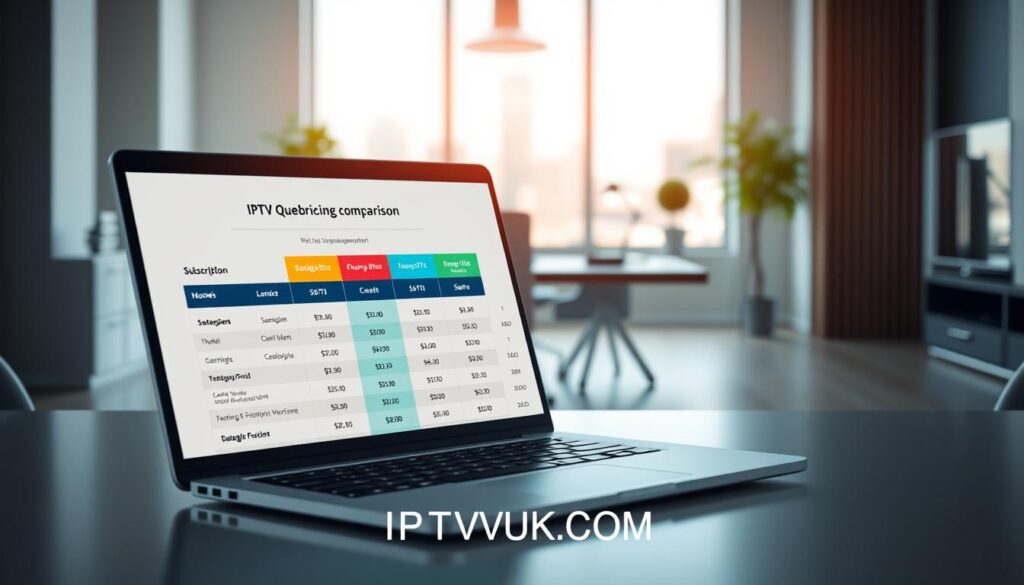 A modern digital workspace showcasing an IPTV Quebec pricing comparison. In the foreground, a sleek, professional laptop open to a well-organized pricing chart featuring various subscription models and prices for IPTV services. The chart is visually appealing, with color-coded sections for easy comparison. In the middle ground, a stylish desk with minimalistic decor and a vase of fresh flowers, suggesting a productive environment. In the background, a bright office space illuminated by natural light coming through a large window, highlighting a cityscape of Quebec. The atmosphere is informative yet inviting, with a mood of professionalism and clarity. Incorporate the brand name "IPTVVUK.COM" subtly in the image, ensuring it blends harmoniously with the overall design, with no additional text or logos.