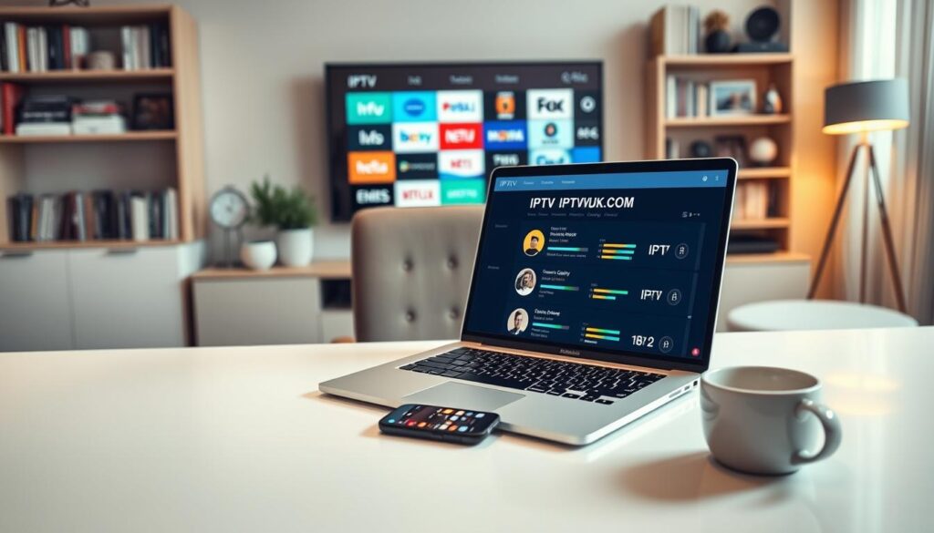 A modern digital workspace showcasing an IPTV service theme. In the foreground, an elegant desk with a sleek laptop open to IPTV review forums, displaying vibrant graphics of stream quality ratings. Near the laptop, a smartphone shows a streaming app interface. In the middle, a comfortable office chair positioned towards the desk, alongside a coffee cup. The background features a wall-mounted flat-screen TV displaying various IPTV channel logos and a bookshelf filled with tech-related books. Soft, ambient lighting creates a warm atmosphere, emphasizing productivity and focus. The scene conveys a sense of community and engagement, inviting viewers to explore discussions about IPTV services. Include the brand name "IPTVVUK.COM" subtly on the laptop screen. Use a slight angle to capture the depth of the workspace, enhancing the professional feel of the image.