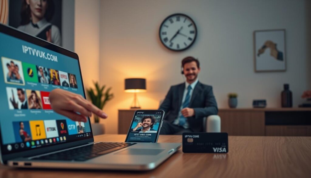 A modern digital workspace showcasing an IPTV subscription service, emphasizing simplicity and security. In the foreground, a sleek laptop displays the IPTVVUK.COM interface, featuring intuitive navigation and vibrant thumbnails of various channels. A hand hovers over the screen, poised to click. In the middle, a stylish, well-lit desk features a smartphone with an active IPTV app, alongside a credit card and a friendly customer support representative on a video call, dressed in professional attire. In the background, soft lighting bathes the room in a warm glow, with a modern wall clock and abstract artwork enhancing the atmosphere. The overall mood is professional yet inviting, conveying the ease and instant activation of online IPTV recharges.