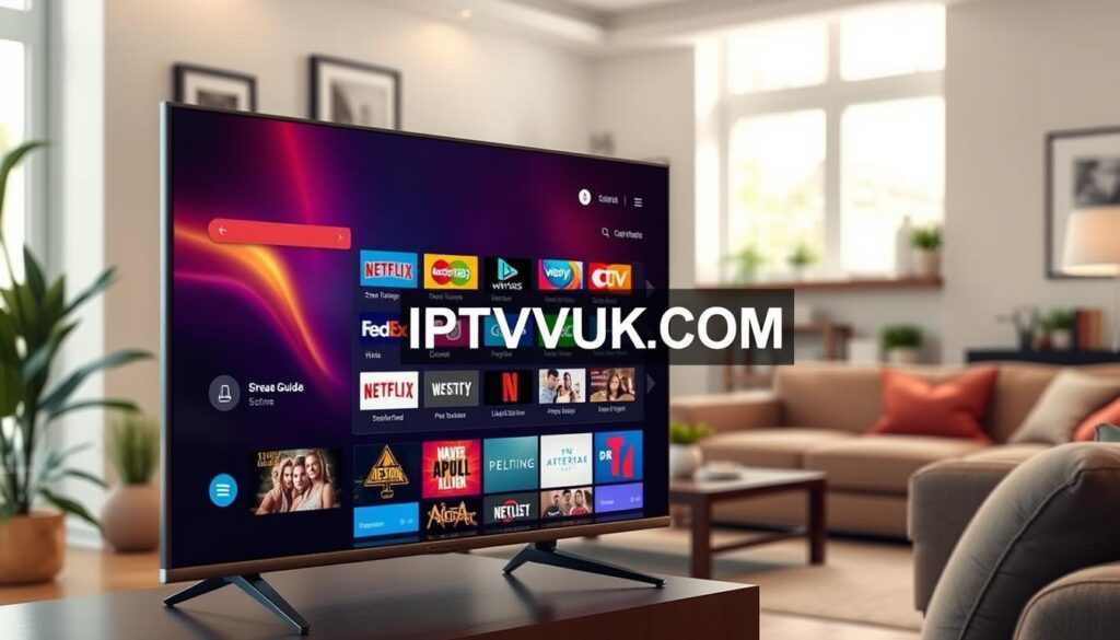 A modern electronic program guide (EPG) interface displayed on a sleek, high-resolution smart TV screen in the foreground, showcasing a vibrant list of streaming channels and program details. In the middle ground, a stylish living room setup with a comfortable sofa, decorative plants, and soft lighting that creates a warm, inviting atmosphere. The background features a subtly blurred view of a cozy home environment, possibly with bookshelves and framed artwork, enhancing the feeling of home entertainment. The scene is illuminated by natural light coming through a nearby window, giving a relaxed and friendly vibe. Include the brand name "IPTVVUK.COM" prominently in the interface, ensuring no text overlays or watermarks detract from the visual focus. A modern electronic program guide (EPG) interface displayed on a sleek, high-resolution smart TV screen in the foreground, showcasing a vibrant list of streaming channels and program details. In the middle ground, a stylish living room setup with a comfortable sofa, decorative plants, and soft lighting that creates a warm, inviting atmosphere. The background features a subtly blurred view of a cozy home environment, possibly with bookshelves and framed artwork, enhancing the feeling of home entertainment. The scene is illuminated by natural light coming through a nearby window, giving a relaxed and friendly vibe. Include the brand name "IPTVVUK.COM" prominently in the interface, ensuring no text overlays or watermarks detract from the visual focus.