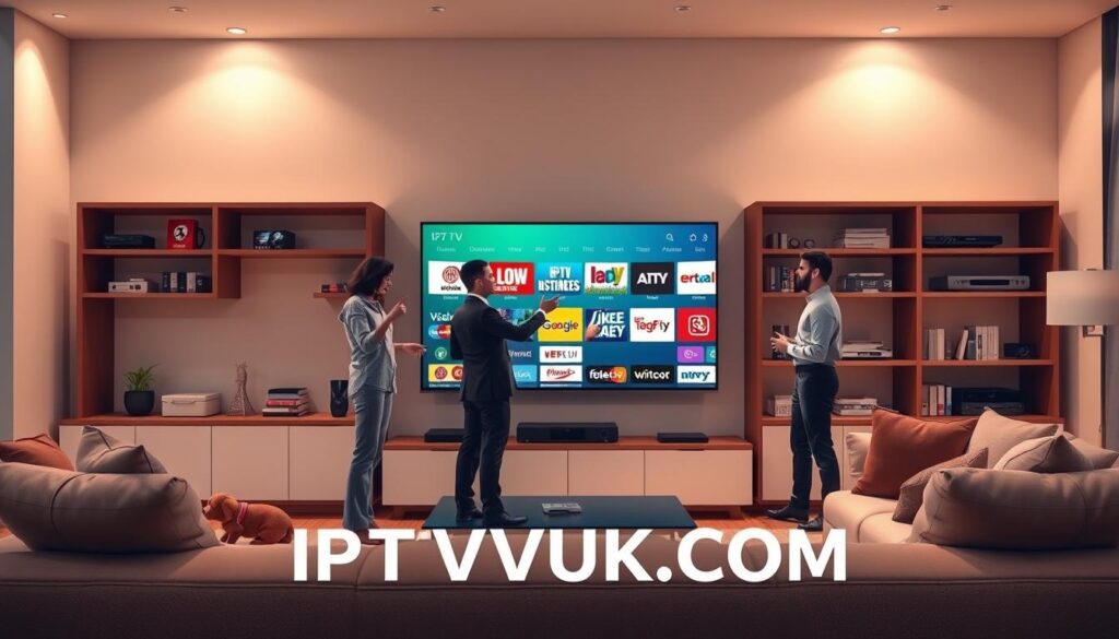 A modern, engaging illustration representing "IPTV India channels" in a professional context, featuring a sleek living room setting as the foreground, where a smart TV displays vibrant streaming thumbnails of various Indian TV channels. In the middle ground, a diverse group of three individuals, dressed in business casual attire, are discussing the features of IPTV services, pointing towards the screen. The background showcases a stylish bookshelf filled with tech gadgets and legal documents related to IPTV, symbolizing legal considerations. Soft, ambient lighting creates a warm and inviting atmosphere, with a low-angle perspective that emphasizes the importance of technology in contemporary entertainment. Include the brand name "IPTVVUK.COM" subtly integrated into the image, ensuring no text overlays or distractions are present.