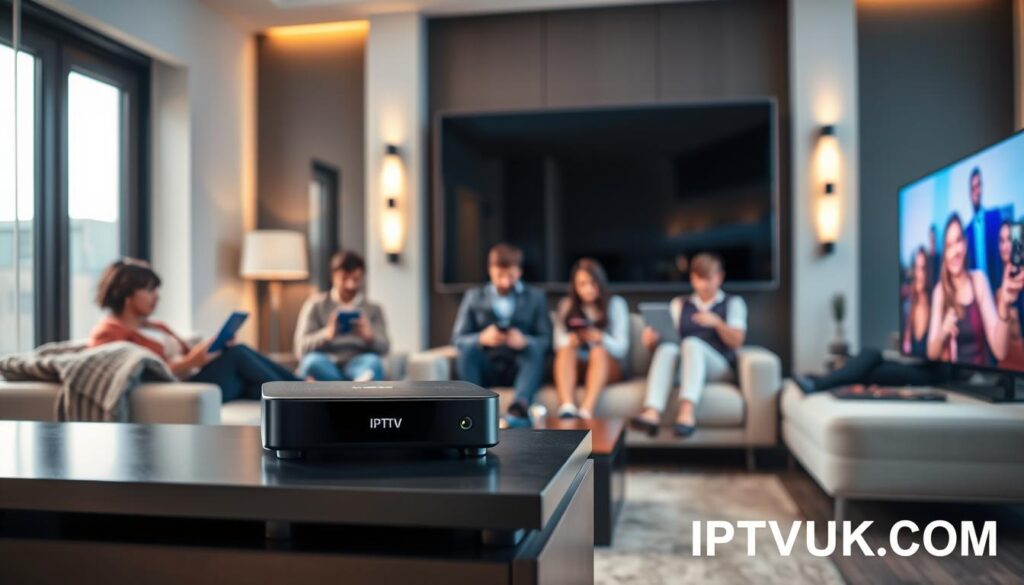 A modern, high-resolution living room setting featuring an IPTV streaming device prominently placed on a sleek entertainment center. In the foreground, a large, high-definition television displays vibrant colors and crisp images, showcasing dynamic streaming quality. The middle ground includes a comfortable sofa with a stylish throw, where a diverse group of people dressed in casual but neat clothing are engaged, focused on their devices, demonstrating compatibility with various technologies such as tablets, smartphones, and laptops. The background should consist of soft, warm lighting, creating an inviting atmosphere, with subtle hints of modern decor and a window showing a bright day outside. Emphasize clarity and detail in the streaming experience, capturing the essence of IPTV quality. Add the brand name "IPTVVUK.COM" subtly integrated into the room's decor without being overtly visible.