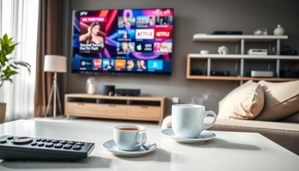 A modern home entertainment setup featuring a large flat-screen TV displaying a dynamic IPTV channel interface. In the foreground, a sleek remote control sits on a stylish coffee table alongside a steaming cup of coffee. The middle layer includes a cozy living room with a comfortable sofa adorned with plush cushions. Natural light filters through a nearby window, illuminating the room with a warm glow. In the background, a minimalist shelf showcases various streaming devices, emphasizing the theme of secure and affordable streaming. The atmosphere is inviting and tech-savvy, reflecting the convenience of IPTVVUK.COM. The angle is slightly elevated, capturing both the TV display and the inviting ambiance of the room.