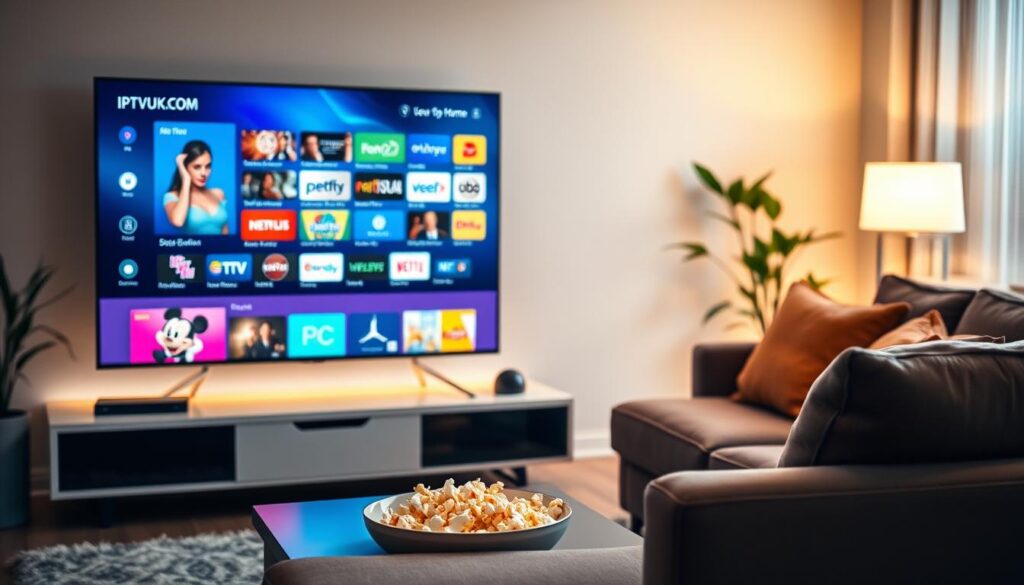A modern home entertainment setup showcasing legal IPTV services. In the foreground, a sleek, flat-screen TV displays an elegant user interface of IPTVVUK.COM, with vivid, colorful thumbnails of various channels. A comfortable, stylish sofa is positioned to the side, inviting viewers to watch. In the middle ground, a coffee table is adorned with a remote control and a bowl of popcorn, enhancing the viewing experience. The background features soft, ambient lighting that creates a cozy atmosphere, reflecting a relaxing evening at home. The room is tastefully decorated with minimalistic decor and a touch of greenery from potted plants, conveying a sense of modernity and tranquility. The overall mood is warm and inviting, emphasizing the focus on legal, cable-free viewing options.