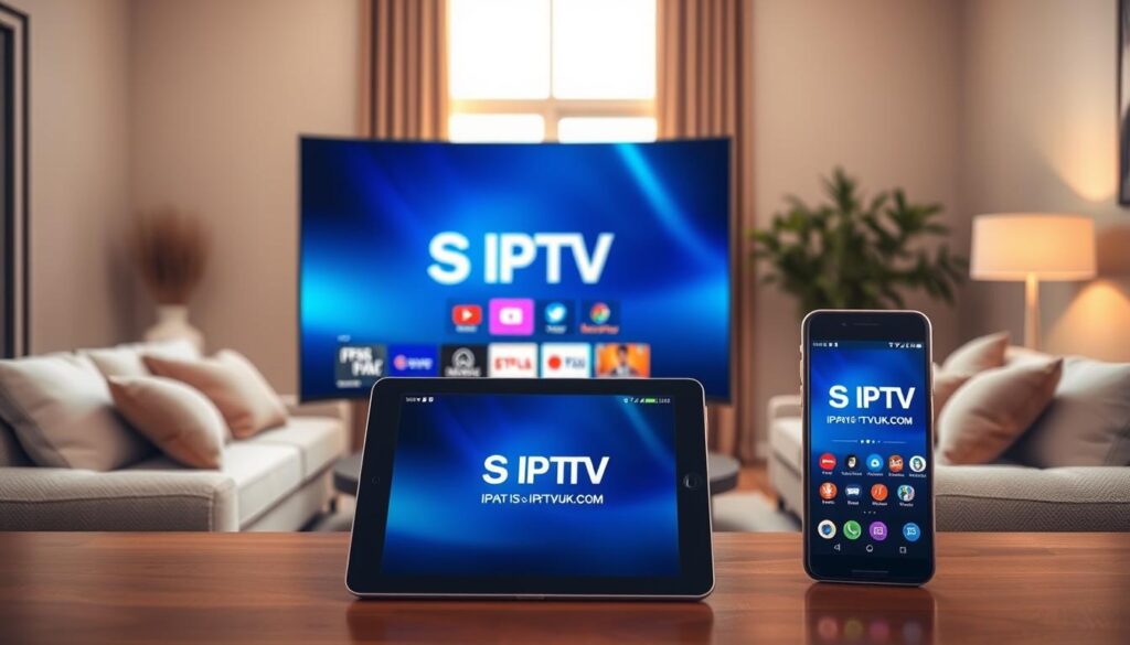A modern home environment showcasing "S S IPTV Compatibility Across Devices." In the foreground, a sleek Smart TV displays a vibrant interface featuring the logo "IPTVVUK.COM". Beside it, a stylish tablet and smartphone, both showing the streaming app in use, creating a tech-savvy ambiance. The middle layer features a cozy living room setup with a comfortable sofa, soft cushions, and a minimalistic coffee table, inviting viewers into the scene. In the background, warm natural light floods in through a large window, enhancing the inviting atmosphere. The image conveys efficiency and modern technology. Use a wide-angle lens to capture the entire room while ensuring sharp focus on the devices. The overall mood is professional yet relaxed, perfect for illustrating device compatibility in streaming.