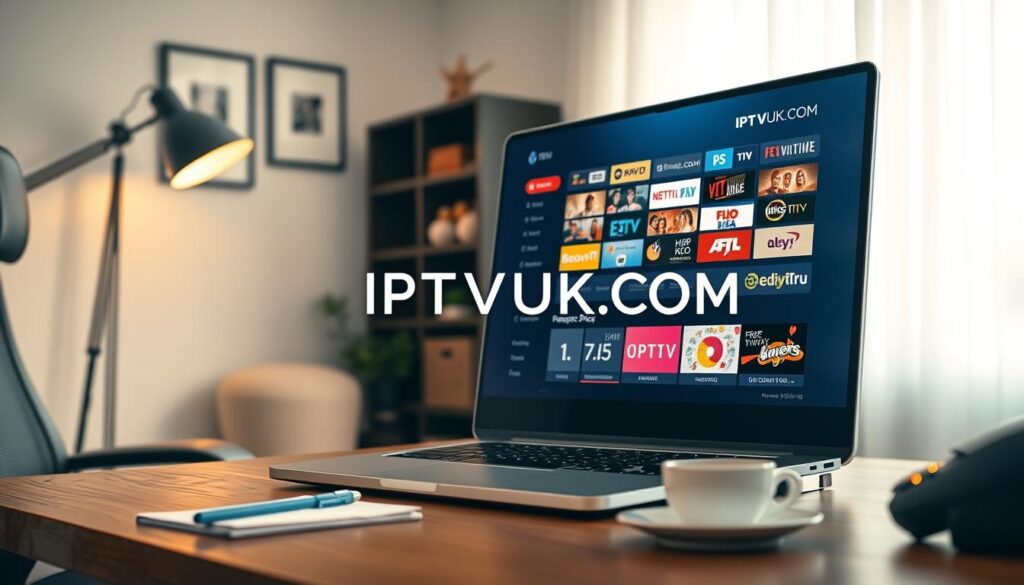 A modern home office scene featuring a high-tech computer setup displaying an IPTV interface. In the foreground, a sleek laptop sits open with a vibrant IPTV streaming application on the screen, showcasing colorful thumbnails of different channels. To the side, a comfortable ergonomic chair and a stylish desk lamp provide warm lighting. In the middle ground, a window allows natural light to filter in, illuminating the space and creating a cozy atmosphere. On the wall behind, minimalist decor emphasizes a calm but professional vibe. Include subtle details like a notepad and a steaming cup of coffee on the desk to emphasize a productive environment. The overall mood is focused and inviting. Incorporate the brand name "IPTVVUK.COM" subtly within the screen display, ensuring it fits the context seamlessly.