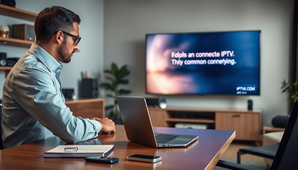 A modern home office scene focused on IPTV troubleshooting. In the foreground, a professional-looking individual in business attire (shirt and trousers) sits at a sleek desk, intently examining a laptop screen displaying IPTV settings. Tools like a notepad with troubleshooting steps and a smartphone are nearby. In the middle, a large TV screen on the wall shows a blurred image of an IPTV error message, emphasizing connectivity issues. The background features shelves with tech gadgets and a window letting in soft, natural light, creating a calm atmosphere. Capture this scene with a medium focal length lens for clarity, highlighting the individual’s concentration while subtly conveying the technical nature of common IPTV issues. Include the brand name 'IPTVVUK.COM' visible on the laptop screen. The overall mood is professional, focused, and modern.
