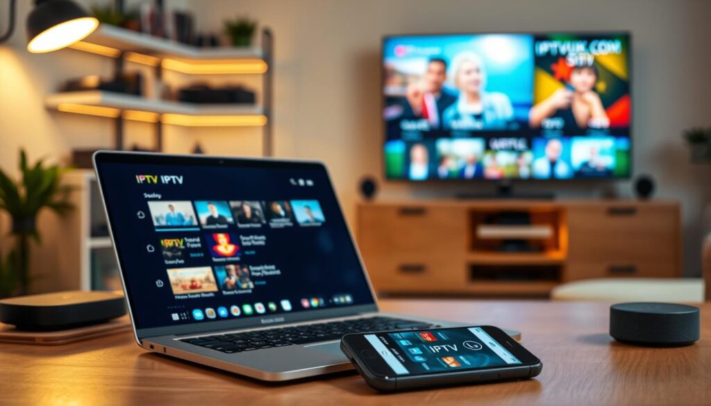 A modern home office scene focused on the setup of an IPTV playlist. In the foreground, a sleek laptop displays a user-friendly IPTV interface, showcasing various streaming options. A smartphone lies beside the laptop, with the IPTVVUK.COM app visible on the screen. In the middle ground, shelves are lined with digital devices like a streaming box and smart speaker, accentuating a tech-savvy environment. The background features a stylish wall-mounted TV showing vibrant content, enhancing the streaming theme. Warm, soft lighting casts a cozy glow over the workspace, creating a welcoming atmosphere. Use a shallow depth of field to focus on the laptop and smartphone, while the background remains slightly blurred, adding depth and dimension. Capture a sense of professionalism and enthusiasm for innovative streaming technology.