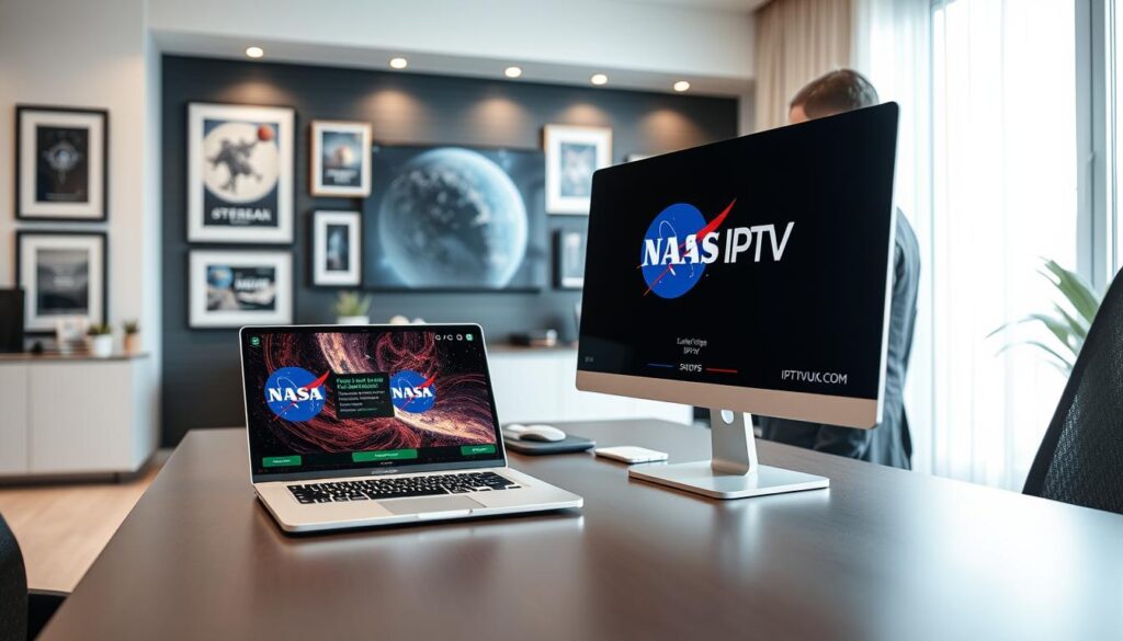 A modern home office scene, focusing on a sleek computer desk where an individual is actively setting up NASA IPTV on a laptop. In the foreground, the laptop screen displays a colorful, user-friendly interface of the NASA IPTV service. The individual, dressed in professional business attire, is engaged and focused, symbolizing the installation process. The middle ground features a free-standing wall with framed NASA imagery and space-themed decor, creating an inspiring atmosphere. The background shows a window with soft, natural light streaming in, illuminating the room. The overall mood is bright, professional, and tech-savvy, with a hint of excitement for space exploration. Include the brand name "IPTVVUK.COM" subtly on the laptop screen. A modern home office scene, focusing on a sleek computer desk where an individual is actively setting up NASA IPTV on a laptop. In the foreground, the laptop screen displays a colorful, user-friendly interface of the NASA IPTV service. The individual, dressed in professional business attire, is engaged and focused, symbolizing the installation process. The middle ground features a free-standing wall with framed NASA imagery and space-themed decor, creating an inspiring atmosphere. The background shows a window with soft, natural light streaming in, illuminating the room. The overall mood is bright, professional, and tech-savvy, with a hint of excitement for space exploration. Include the brand name "IPTVVUK.COM" subtly on the laptop screen.