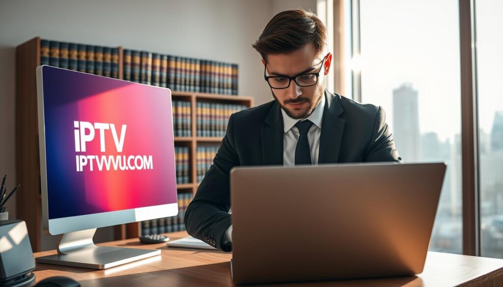 A modern home office setting, featuring a sleek desktop computer with a vibrant screen displaying the IPTVVUK.COM logo. In the foreground, a focused professional in smart business attire is intently analyzing streaming options on a laptop, bathed in warm, natural light filtering through a large window. The middle layer showcases a blurred view of a bookshelf filled with legal books about digital rights and streaming laws, hinting at the legal landscape. The background reveals a city skyline, suggesting a blend of technology and urban life. The atmosphere conveys a sense of clarity and professionalism, underscoring the concept of legitimate IPTV services.
