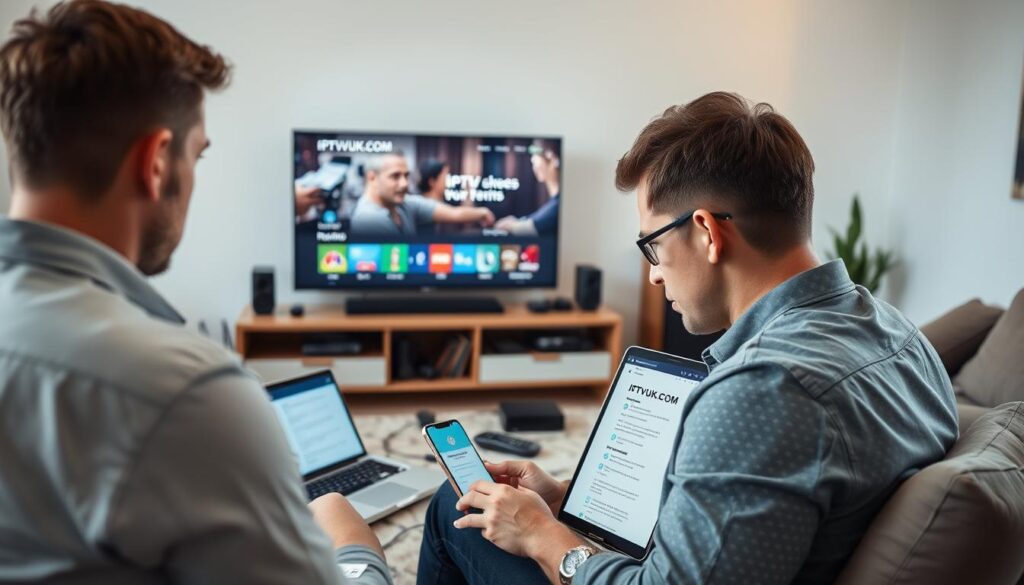 A modern home office setting showcasing a person troubleshooting IPTV issues. In the foreground, a professional, casually dressed individual is focused on a laptop with the IPTVVUK.COM website open, displaying various troubleshooting guides. The middle ground features a smartphone connected to a large TV displaying IPTV interface, surrounded by various streaming devices, remote controls, and cables. In the background, a clean and minimalistic wall with a hint of shelving featuring tech books and a plant, illuminated by natural light coming through a window, creating a warm and inviting atmosphere. The overall mood is one of concentration and tech-savvy problem-solving, emphasizing clarity and organization in the IPTV experience.