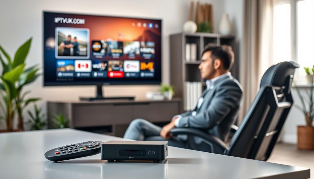 A modern home office setup featuring a large, high-resolution monitor displaying an IPTV streaming interface like IPTVVUK.COM. In the foreground, a sleek, stylish remote control rests beside a compact streaming device. The middle ground shows a comfortable ergonomic chair with a professional person in smart casual attire deeply focused on the screen, showcasing the convenience of IPTV technology. The background features a softly lit room with plants, bookshelves, and a window allowing natural light to filter in, creating a warm and inviting atmosphere. The overall mood is one of efficiency and modernity, enhanced by soft, ambient lighting with a shallow depth of field that highlights the technology while keeping the surroundings slightly blurred for emphasis. A modern home office setup featuring a large, high-resolution monitor displaying an IPTV streaming interface like IPTVVUK.COM. In the foreground, a sleek, stylish remote control rests beside a compact streaming device. The middle ground shows a comfortable ergonomic chair with a professional person in smart casual attire deeply focused on the screen, showcasing the convenience of IPTV technology. The background features a softly lit room with plants, bookshelves, and a window allowing natural light to filter in, creating a warm and inviting atmosphere. The overall mood is one of efficiency and modernity, enhanced by soft, ambient lighting with a shallow depth of field that highlights the technology while keeping the surroundings slightly blurred for emphasis.