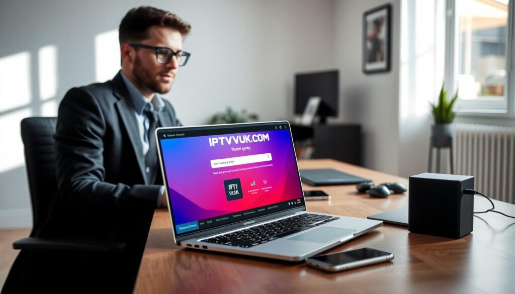A modern home office setup focused on accessing an IPTV provider’s website. In the foreground, a sleek laptop displaying the IPTVVUK.COM website on the screen, highlighting the user-friendly interface with vibrant colors. A professional individual, dressed in smart business casual attire, is seated at the desk, engaged in the process of recharging their IPTV service. The middle layer features a stylish desk with tech gadgets and a smartphone lying next to the laptop. In the background, a well-lit, contemporary room with subtle decor, such as a plant and framed art, creating an inviting atmosphere. Soft natural light floods the scene, casting gentle shadows, suggesting a productive and comfortable work environment.