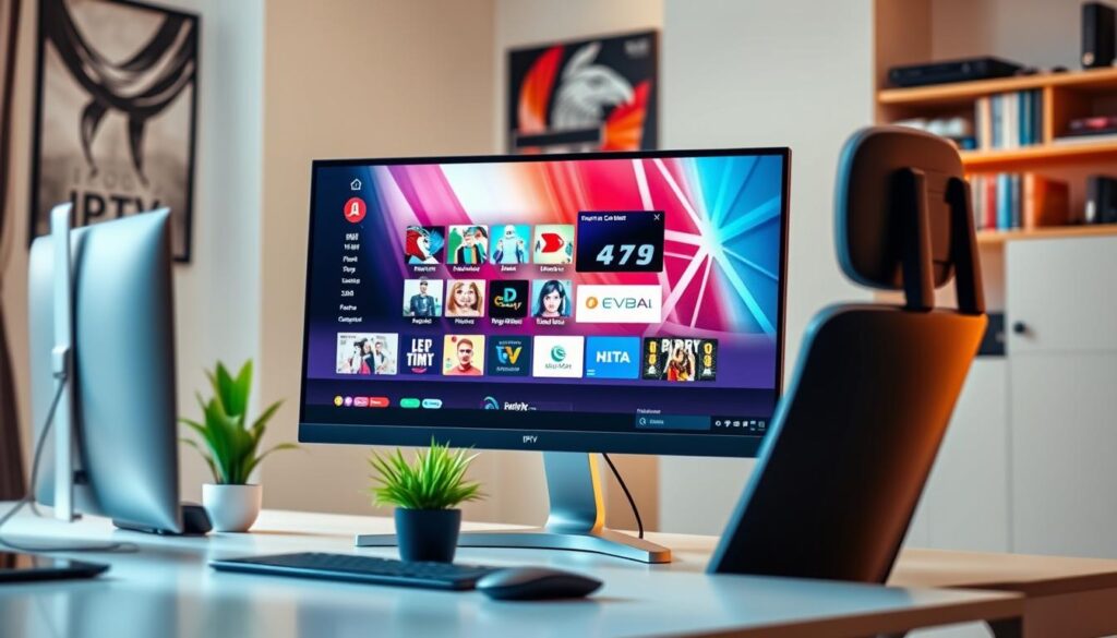 A modern home office setup showcasing a sleek PC with an IPTV application open on the screen. In the foreground, a stylish desk with a high-resolution monitor displaying a vibrant IPTV interface featuring various channels. The middle ground includes a comfortable ergonomic chair and a small plant for a touch of greenery. The background features a softly lit room with warm tones, and a shelf containing books and streaming devices, creating a cozy yet professional atmosphere. The overall lighting is bright and inviting, highlighting the technology in use. A subtle hint of the brand name "IPTVVUK.COM" can be seen on the screen. The image reflects a secure and efficient streaming environment, ideal for instructional content.