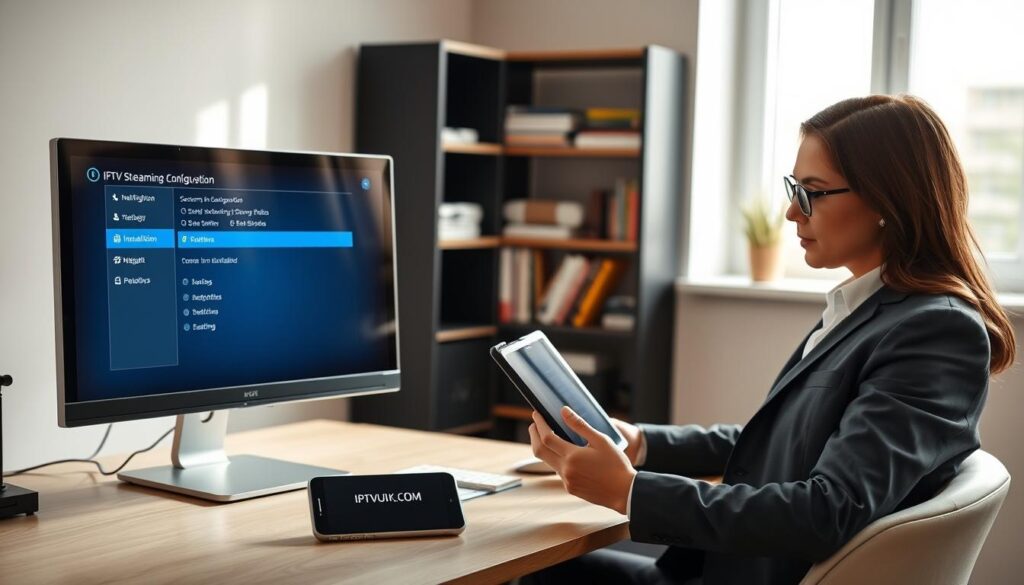 A modern home office setup, showcasing a sleek desktop computer displaying an IPTV streaming configuration interface, highlighting easy navigation and installation options. In the foreground, a stylish, professional individual in business attire is seated at the desk, reviewing information on a tablet device. The middle ground features a smartphone beside the computer, displaying the IPTVVUK.COM logo. In the background, a well-organized shelf holds books on technology and entertainment. Soft, natural lighting filters through a window, creating a warm, focused atmosphere. The lens is slightly angled to capture both the individual and the devices clearly, emphasizing a sense of safety and professionalism in tech usage.