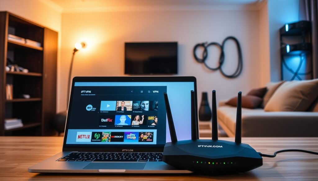 A modern home setup illustrating a VPN for IPTV. In the foreground, a sleek laptop displaying an IPTV interface, showing multiple channels. On the laptop screen, the logo "IPTVVUK.COM" is visible prominently. Surrounding the laptop, a high-tech router with glowing lights, symbolizing high-speed internet connectivity. In the middle, a comfortable living room with a large flat-screen television and cozy seating, creating a warm atmosphere. The background features a wall-mounted network wall rack, with cables neatly organized, showcasing the technical aspect. Soft, warm lighting enhances the homey feel while highlighting the devices. The scene conveys a sense of advanced technology combined with comfort, ideal for cord-cutters seeking optimal IPTV performance.