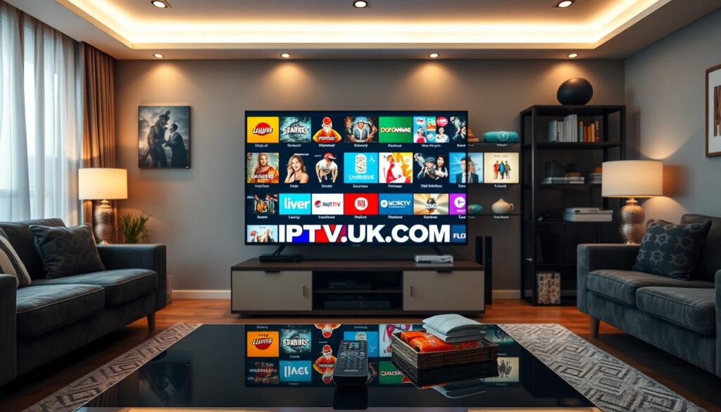 A modern living room featuring a large flat-screen TV displaying various IPTV channels with vibrant content, showcasing an array of colorful icons representing movies, live sports, and news programs. The foreground includes a sleek coffee table with a remote control and snacks. In the middle, the TV takes center stage, with the channels vividly illuminated, providing a warm, inviting glow. The background displays a cozy, well-decorated space with comfortable furniture and soft ambient lighting. The scene evokes a relaxed and enjoyable atmosphere, ideal for family entertainment. Ensure the TV screen prominently shows "IPTVVUK.COM" as part of the IPTV interface. Use a wide-angle lens effect to capture the entire room, focusing on clarity and detail while maintaining a serene mood.