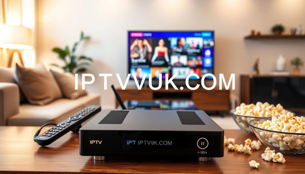A modern living room featuring a sleek IPTV device prominently displayed on a stylish entertainment center. In the foreground, the device is plugged into a large flat-screen TV, showcasing vibrant streaming content. To the sides, a remote control and a bowl of popcorn add a casual touch. In the middle ground, a comfortable couch with neutral-colored cushions invites relaxation, and behind it, a softly lit interior with warm ambient lighting. The background features subtle hints of home decor that reflect a contemporary lifestyle. Use a warm, inviting color palette to convey a cozy atmosphere that highlights the convenience and appeal of IPTV services. The scene should have a focus on clarity and detail, with an emphasis on the brand name "IPTVVUK.COM". Capture this from a slightly elevated angle to create depth.