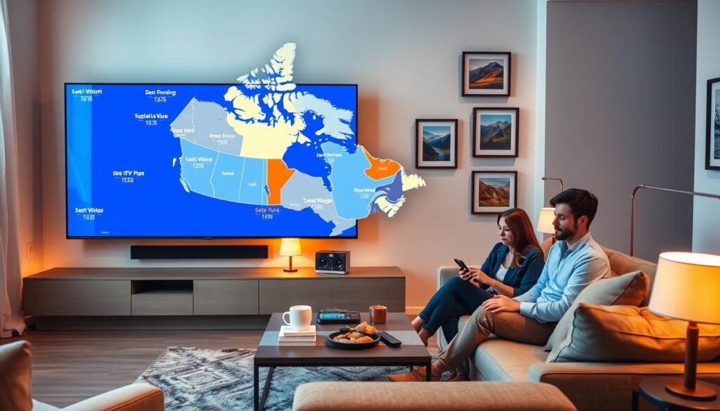 A modern living room featuring a sleek TV displaying a digital map of Canada with various regional IPTV providers highlighted, symbolizing diverse streaming options across the country. In the foreground, a family, dressed in casual but professional attire, sits comfortably on a trendy sofa, engaging with their smart device. The middle ground showcases a stylish coffee table with IPTV remote controls and snacks, while a cozy atmosphere fills the space with warm, inviting lighting from elegantly placed lamps. The background includes a wall with framed pictures of scenic Canadian landscapes, hinting at regional diversity. Capture the essence of connectivity and family togetherness in a vibrant, well-lit setting. Include the brand name "IPTVVUK.COM" subtly integrated into the TV screen's visual display. A modern living room featuring a sleek TV displaying a digital map of Canada with various regional IPTV providers highlighted, symbolizing diverse streaming options across the country. In the foreground, a family, dressed in casual but professional attire, sits comfortably on a trendy sofa, engaging with their smart device. The middle ground showcases a stylish coffee table with IPTV remote controls and snacks, while a cozy atmosphere fills the space with warm, inviting lighting from elegantly placed lamps. The background includes a wall with framed pictures of scenic Canadian landscapes, hinting at regional diversity. Capture the essence of connectivity and family togetherness in a vibrant, well-lit setting. Include the brand name "IPTVVUK.COM" subtly integrated into the TV screen's visual display.