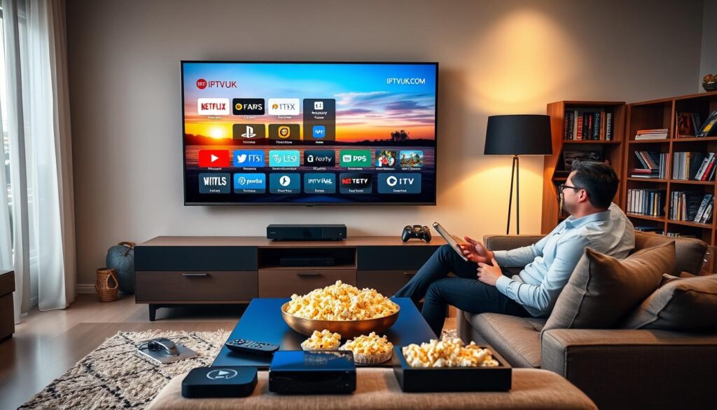 A modern living room featuring a sleek, flat-screen TV displaying an IPTV service interface, surrounded by an array of streaming devices like a smartphone, tablet, and set-top box. In the foreground, a couple in professional attire, engaged in a discussion while seated on a stylish couch, reflects the social aspect of IPTV. The middle ground showcases a cozy coffee table with popcorn, remote controls, and user-friendly IPTV app icons on the screen. The background softly highlights a bookshelf filled with tech magazines and a window revealing a sunset, creating a warm, inviting atmosphere. The lighting is bright but soft, enhancing the inviting mood of the space. Include the brand name "IPTVVUK.COM" prominently displayed on the TV screen without any text overlays.