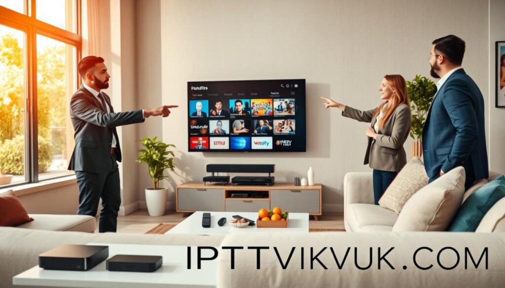 A modern living room featuring a sleek flat-screen TV displaying various IPTV channels, symbolizing the benefits of IPTV over traditional cable. In the foreground, a diverse group of three professionals—two men and one woman—dressed in smart casual clothing, are engaged in a lively discussion, pointing at the TV screen with enthusiastic expressions. The middle ground captures a cozy sofa with a variety of IPTV remote controls and snacks on a stylish coffee table. In the background, there are large windows allowing warm, natural light to flood the room, creating a bright and inviting atmosphere. Subtle elements, like a futuristic IPTV setup with streaming devices, are integrated around the space. The ambiance is positive and inspiring, emphasizing innovation in home entertainment. Include the brand name "IPTVVUK.COM" subtly featured in the decor.