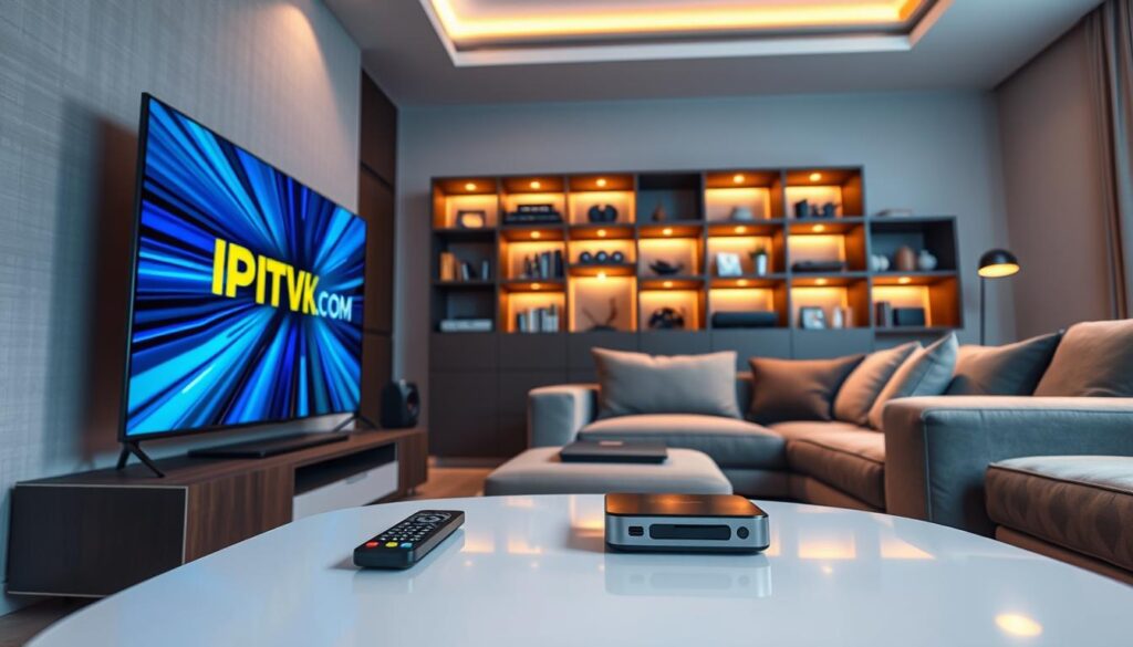 A modern living room featuring a sleek multimedia setup showcasing the IPTV service. In the foreground, a stylish flat-screen TV displays the logo "IPTVVUK.COM" prominently on the screen, radiating vibrant 4K colors. On the coffee table, there’s a remote control alongside a high-tech streaming device. The middle ground includes plush seating with a cozy atmosphere created by warm ambient lighting, highlighting the sleek design of the furniture. In the background, a wall-mounted bookshelf holds various technology gadgets and entertainment accessories. The mood is inviting and contemporary, suggesting comfort and the future of home entertainment. The angle captures a dynamic perspective, making the viewer feel immersed in the home streaming experience.