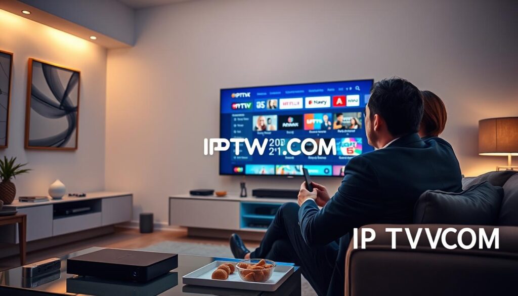 A modern living room featuring a sleek television displaying a vibrant IPTV streaming interface, showcasing various channels and content options. In the foreground, a couple dressed in professional business attire is seated on a comfortable couch, intently watching the screen, exuding an atmosphere of relaxation and engagement. The middle ground includes a coffee table with a digital streaming device, remote control, and snacks. In the background, soft ambient lighting illuminates the room, creating a warm, inviting atmosphere. The walls are adorned with abstract artwork. The perspective is from a low angle, emphasizing the TV and the engaged viewers, with a subtle focus on the IPTVVUK.COM logo integrated into the streaming interface. The overall mood should be informative and modern, reflecting the essence of IPTV technology. A modern living room featuring a sleek television displaying a vibrant IPTV streaming interface, showcasing various channels and content options. In the foreground, a couple dressed in professional business attire is seated on a comfortable couch, intently watching the screen, exuding an atmosphere of relaxation and engagement. The middle ground includes a coffee table with a digital streaming device, remote control, and snacks. In the background, soft ambient lighting illuminates the room, creating a warm, inviting atmosphere. The walls are adorned with abstract artwork. The perspective is from a low angle, emphasizing the TV and the engaged viewers, with a subtle focus on the IPTVVUK.COM logo integrated into the streaming interface. The overall mood should be informative and modern, reflecting the essence of IPTV technology.