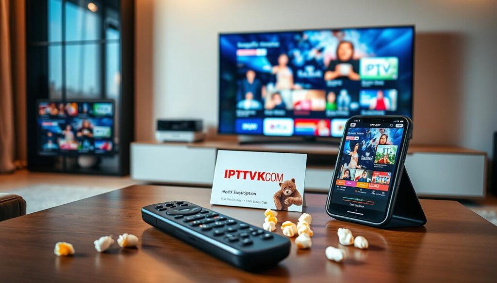 A modern living room featuring an IPTV setup on various devices, including a smart TV, tablet, and smartphone displaying vibrant interfaces with IPTV channels. In the foreground, a sleek coffee table with a remote control, some popcorn, and a streaming subscription card from IPTVVUK.COM. The middle of the scene captures the devices with visible screen content showcasing sports, movies, and shows. The background has a cozy ambiance with warm lighting casting soft shadows, enhancing the inviting atmosphere. An angle that highlights the devices while giving a sense of interaction and enjoyment. Overall, the image conveys a sense of modern convenience and entertainment comfort.