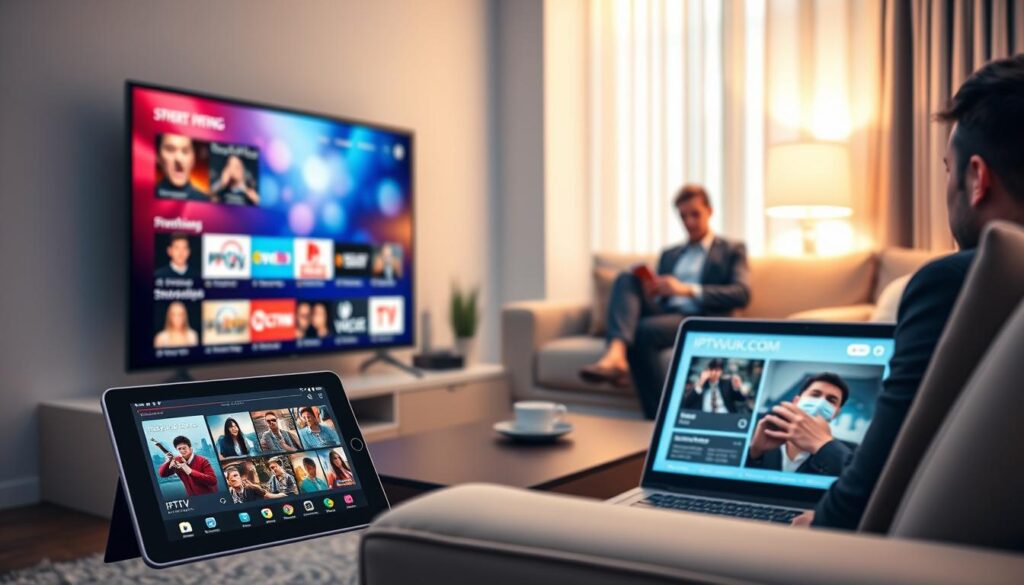 A modern living room featuring multiple devices streaming IPTV content. In the foreground, a sleek smart TV showing vibrant streaming options. To the left, a tablet displaying a user-friendly interface of IPTVVUK.COM. To the right, a laptop with an active streaming session. In the background, a cozy sofa with a person in professional business attire casually interacting with the devices, depicting user engagement. Soft, warm lighting creates an inviting atmosphere, with a focus on the glow of the screens. The room is tastefully decorated, with minimalist decor emphasizing technology's role in entertainment. The depth of field highlights the devices while softly blurring the background.