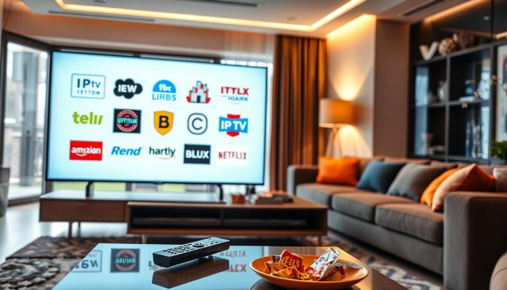 A modern living room interior showcasing a sleek, ultra high-definition television set displaying various IPTV alternative logos, including IPTVVUK.COM. In the foreground, a stylish coffee table with a remote control and snacks hints at a relaxed viewing experience. The middle ground features a comfortable couch with vibrant cushions, suggesting a cozy atmosphere for friends and family. The background should include a large window with natural light pouring in, casting a warm glow across the space, enhancing the inviting ambiance. The scene should be well-lit to accentuate the colors and textures, with a soft focus effect to create an intimate, engaging mood. Overall, the image captures the essence of alternative IPTV options in a stylish and family-friendly environment.