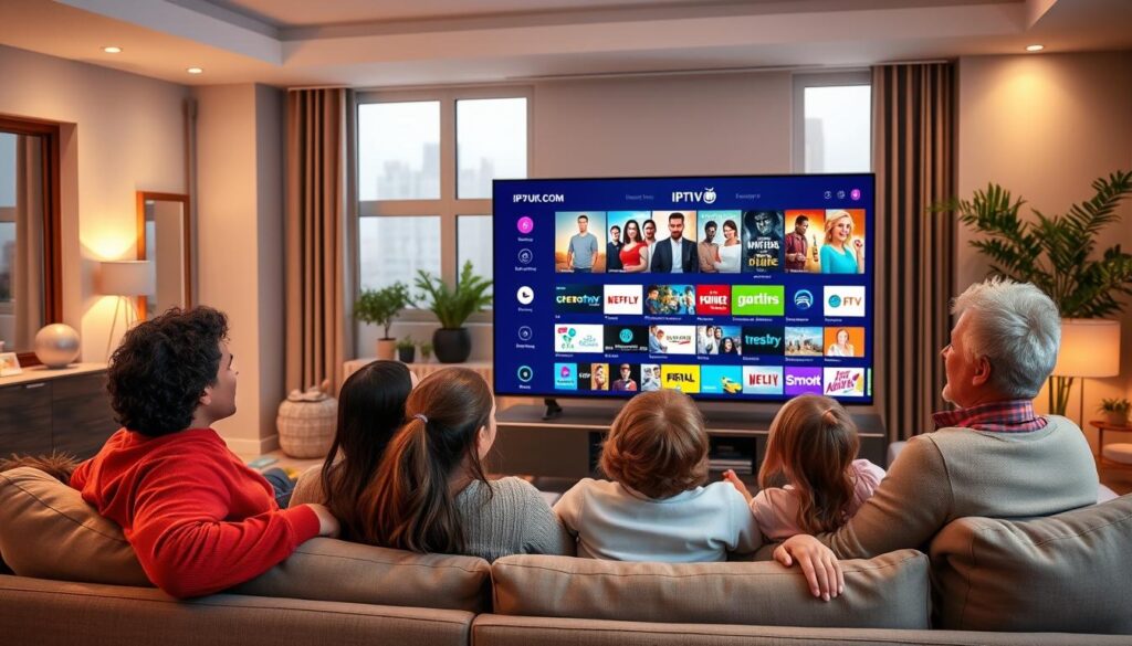 A modern living room scene depicting a family enjoying IPTV streaming on a large flat-screen TV, displaying the logo "IPTVVUK.COM". In the foreground, a diverse family of four, dressed in comfortable casual clothing, sits comfortably on a stylish sofa, their expressions filled with joy and excitement. In the middle, the sleek TV showcases a vibrant IPTV interface, filled with colorful thumbnails of shows and movies. The background features a well-decorated living room, with warm lighting creating a cozy atmosphere. Large windows allow soft natural light to filter in, enhancing the inviting mood. The overall composition should evoke a sense of accessibility and enjoyment, highlighting the ease of accessing IPTV free services.