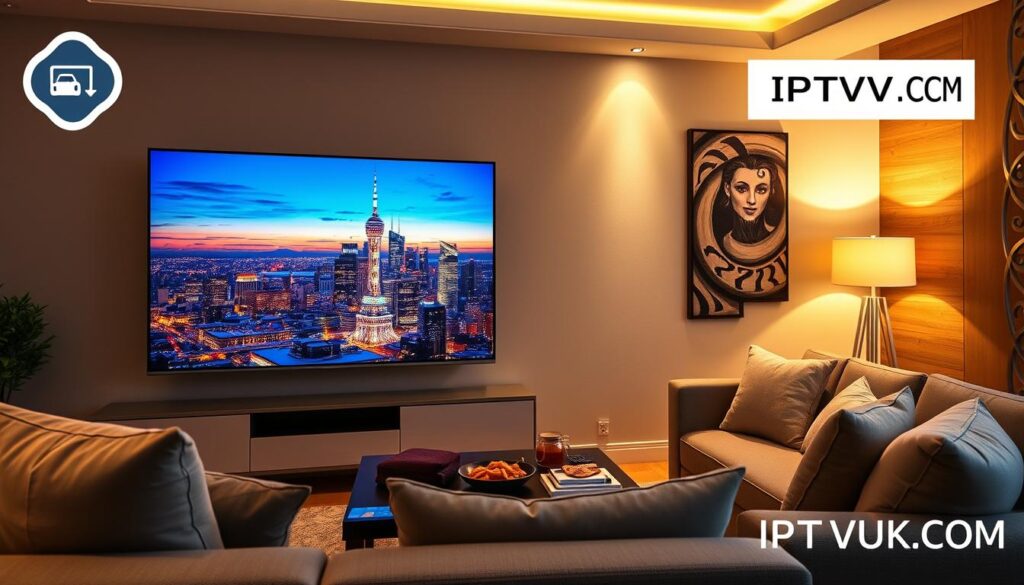 A modern living room scene designed to illustrate IPTV streaming quality. In the foreground, a sleek, large LED television displays a crisp, clear image of a vibrant cityscape during twilight. The middle ground features a cozy sofa adorned with soft cushions, while a stylish coffee table holds a remote control and snacks, suggesting an inviting atmosphere for viewing. The background shows a tastefully decorated wall with subtle lighting that enhances the warm ambiance. The overall mood is relaxed and contemporary, with soft ambient lighting emanating from floor lamps. The image reflects advanced technology and comfort, emphasizing features like high-definition clarity and seamless streaming. Include a subtle logo in the corner that reads "IPTVVUK.COM" without text overlays. A modern living room scene designed to illustrate IPTV streaming quality. In the foreground, a sleek, large LED television displays a crisp, clear image of a vibrant cityscape during twilight. The middle ground features a cozy sofa adorned with soft cushions, while a stylish coffee table holds a remote control and snacks, suggesting an inviting atmosphere for viewing. The background shows a tastefully decorated wall with subtle lighting that enhances the warm ambiance. The overall mood is relaxed and contemporary, with soft ambient lighting emanating from floor lamps. The image reflects advanced technology and comfort, emphasizing features like high-definition clarity and seamless streaming. Include a subtle logo in the corner that reads "IPTVVUK.COM" without text overlays.