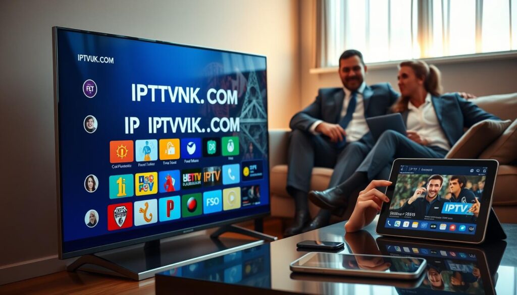 A modern living room scene displaying various devices streaming IPTV content. In the foreground, a sleek smart TV showcases a vibrant animated menu interface with colorful IPTV channels. To the right, a tablet rests on a coffee table, displaying a sports channel, while a smartphone nearby shows a movie selection. In the background, a comfortable couch features a couple in professional business attire, comfortably engaging with their devices. Ambient lighting softly illuminates the room, casting a warm glow, enhancing the cozy and inviting atmosphere. The overall composition should convey the convenience and appeal of IPTV over traditional cable, with the brand name "IPTVVUK.COM" subtly integrated into the screen of the smart TV.