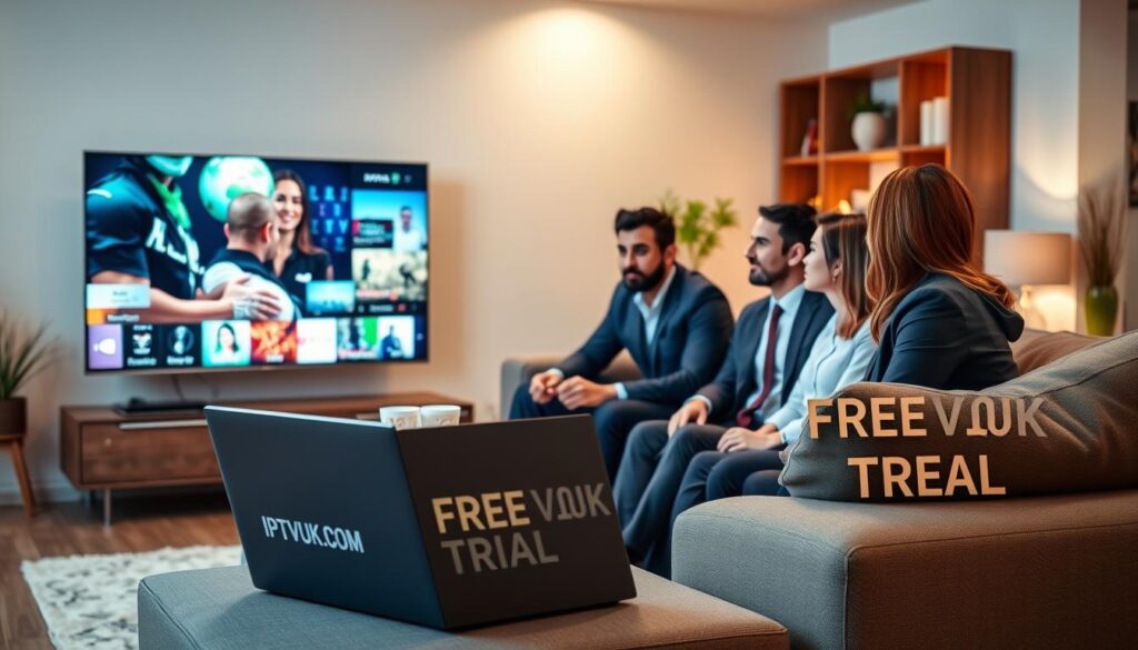 A modern living room scene featuring a sleek flat-screen TV displaying vibrant IPTV streaming quality. In the foreground, a diverse group of three people dressed in professional business attire are gathered around the television, engaging with the content on-screen. They are comfortably seated on a stylish sofa, with an open laptop showing the IPTVVUK.COM logo nearby, emphasizing the free trial aspect. In the middle ground, a small coffee table holds snacks and drinks, creating a relaxed atmosphere. The background includes a softly lit room with warm, ambient lighting, featuring a few decorative plants and a bookshelf, conveying a cozy and inviting mood. The image should capture a sense of enjoyment and engagement with high-quality streaming content.