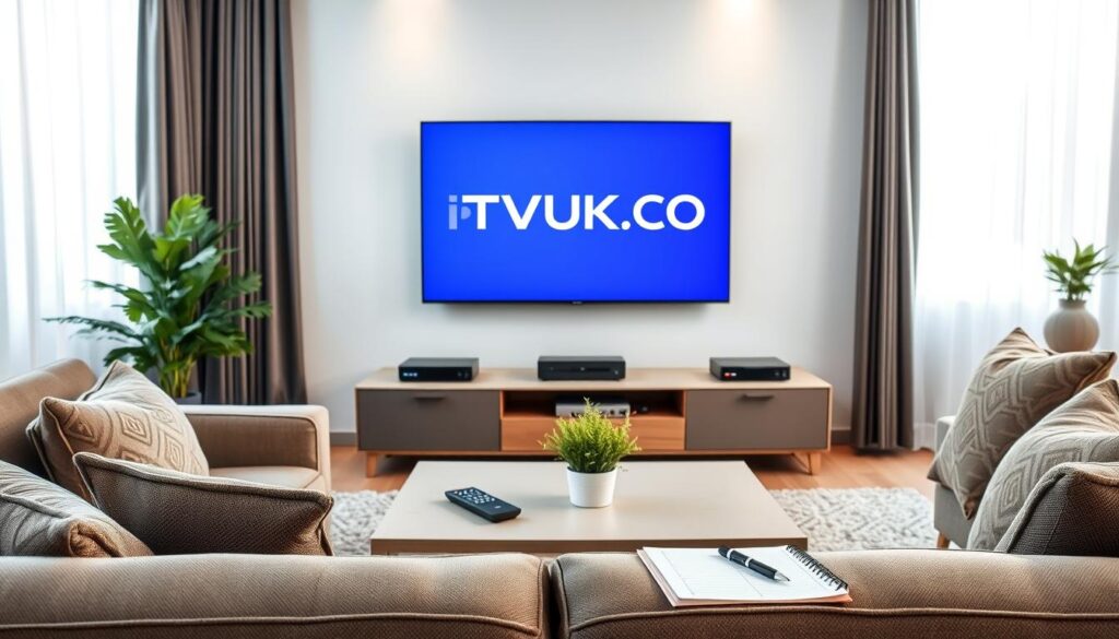 A modern living room scene featuring a sleek television displaying the logo "IPTVVUK.COM" prominently on the screen. In the foreground, a comfortable sofa with decorative cushions invites viewers in, while a coffee table holds remote controls and a notepad with notes on IPTV comparison. In the middle ground, a stylish entertainment unit with various streaming devices and a small plant adds life to the space. The background features large windows letting in soft, natural light, creating a warm and inviting atmosphere. The room is organized and uncluttered, emphasizing a sense of choice and clarity about IPTV subscriptions. The lighting is soft and balanced, reflecting a welcoming mood perfect for a relaxed family setting.