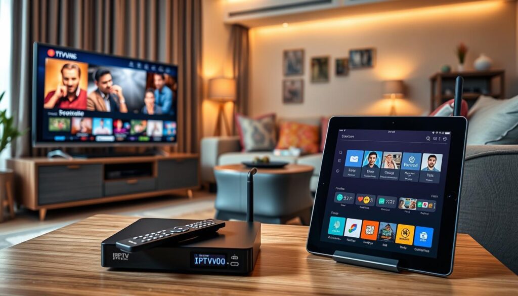 A modern living room scene featuring various Indian IPTV compatible devices prominently displayed, including a sleek set-top box, a smart TV with vibrant streaming content, and a tablet showcasing IPTVVUK.COM's interface. In the foreground, a stylish coffee table holds a remote control and an antenna. The middle ground highlights a cozy couch with colorful cushions, creating an inviting atmosphere. The background features warm ambient lighting, soft curtains, and subtle decor inspired by Indian culture. The image should be shot from a slightly elevated angle, capturing both the devices and the cozy living space. The mood is tech-savvy yet homely, emphasizing contemporary IPTV solutions for Indian viewers.