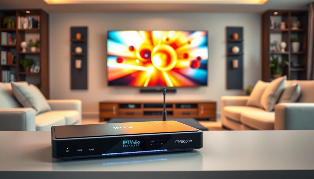 A modern living room scene focusing on an IPTV device prominently displayed on a sleek entertainment unit. The foreground features the IPTV device, showcasing a stylish design with glowing LED indicators. In the middle, a large flat-screen TV displays vibrant digital streaming content. The background includes a comfortable sofa and decorative shelves with books and plants, emphasizing a cozy home environment. Soft, warm lighting fills the room, creating an inviting atmosphere. The camera angle captures the IPTV device at a slight low angle to showcase its modern features and compatibility with various devices. Ensure to include a subtle logo of "IPTVVUK.COM" on the device. The image should reflect professionalism and a tech-savvy lifestyle, devoid of any text overlays or distractions.