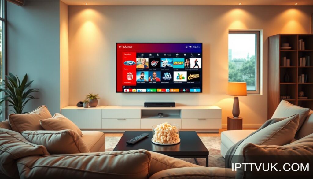 A modern living room scene illuminated by soft, ambient lighting, showcasing a sleek TV displaying an IPTV channel selection interface. The foreground features a comfortable sofa with plush cushions, inviting viewers to relax. In the middle ground, a stylish coffee table holds a remote control alongside a bowl of popcorn, emphasizing a cozy viewing experience. The background showcases a wall-mounted television with vibrant, colorful thumbnails of various IPTV channels, encapsulating diversity in programming options. Warm tones create a welcoming atmosphere, while a large window allows for natural light to filter in, enhancing the serene mood. In one corner, a discreet logo of "IPTVVUK.COM" can be subtly integrated, ensuring focus remains on the IPTV content selection.