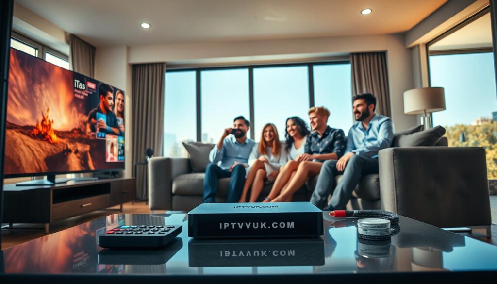 A modern living room scene illustrating the concept of IPTV streaming quality. In the foreground, a sleek, large flat-screen TV displays vibrant, high-definition streaming content. On a stylish coffee table, there’s a remote control and a streaming device branded with "IPTVVUK.COM." The middle of the frame captures a plush sofa where a diverse group of three people, dressed in smart casual attire, are engrossed in watching a show, expressing delight and engagement. Soft, warm lighting bathes the room, creating a cozy atmosphere. In the background, a large window reveals a sunny day outside, enhancing the lively mood. Use a wide-angle lens to capture the entire room's essence, emphasizing the comfort and advanced technology that represents essential features for a fast IPTV experience.