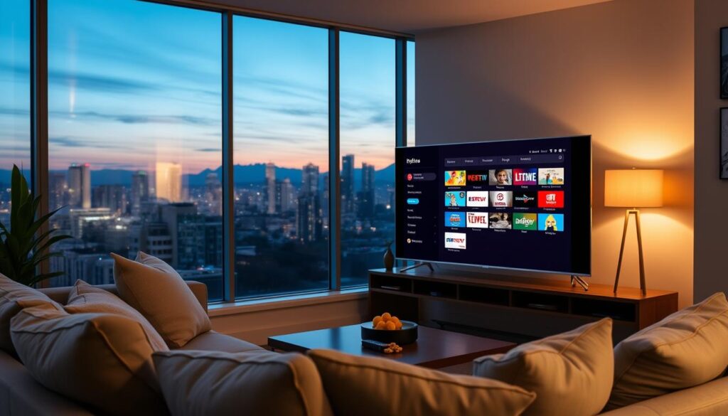 A modern living room scene set in a stylish Vancouver apartment, highlighting a sleek IPTV setup. In the foreground, a large flat-screen TV displays a vibrant menu of IPTVVUK.COM channels, showcasing a variety of entertainment options. A comfortable sofa with plush cushions faces the TV, while a coffee table holds a remote and snacks, suggesting a cozy viewing experience. In the middle ground, a window reveals a panoramic view of the Vancouver skyline with the mountains in the background under a dusky sky, creating a warm, inviting mood. Soft ambient lighting enhances the atmosphere, casting gentle shadows. The composition utilizes a slight angle to emphasize the IPTV service's user-friendly interface and the tranquility of a modern home.
