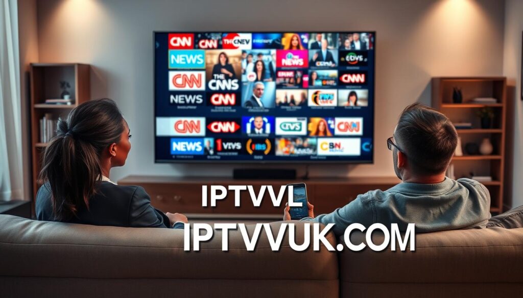 A modern living room scene showcasing IPTV news channels on a large flat-screen television. In the foreground, a diverse group of two professionals—a Black woman in a smart business suit and a Caucasian man in casual yet polished attire—sitting on a sleek sofa, attentively watching the news broadcast with expressions of interest and engagement. In the middle ground, the TV displays a vibrant montage of news logos, emphasizing channels like CNN, with energetic news graphics and images appearing on the screen. The background features stylish decor with a minimalist design, including a bookshelf and contemporary lighting that casts a warm, inviting glow over the space. The atmosphere is focused and informative, reflecting a modern approach to news consumption. The brand "IPTVVUK.COM" subtly integrated into the scene, enhancing the theme of IPTV services for accessing news channels.
