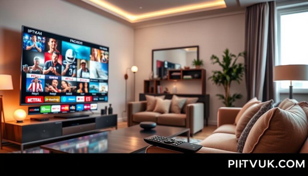 A modern living room scene showcasing IPTV streaming quality. In the foreground, a large, ultra-high-definition TV displays vibrant, crystal-clear images of various streaming genres like movies, sports, and documentaries. A sleek remote control lies on a stylish coffee table. The middle ground features a comfortable sofa adorned with plush cushions, indicating relaxation and enjoyment. A soft glow from elegant floor lamps creates a warm, inviting atmosphere. In the background, a window reveals a sunny day, reflecting a cozy, well-decorated home. The overall mood is one of convenience and comfort, representing the ideal IPTV experience. Include subtle branding elements of IPTVVUK.COM within the room decor, ensuring it blends seamlessly into the scene. A modern living room scene showcasing IPTV streaming quality. In the foreground, a large, ultra-high-definition TV displays vibrant, crystal-clear images of various streaming genres like movies, sports, and documentaries. A sleek remote control lies on a stylish coffee table. The middle ground features a comfortable sofa adorned with plush cushions, indicating relaxation and enjoyment. A soft glow from elegant floor lamps creates a warm, inviting atmosphere. In the background, a window reveals a sunny day, reflecting a cozy, well-decorated home. The overall mood is one of convenience and comfort, representing the ideal IPTV experience. Include subtle branding elements of IPTVVUK.COM within the room decor, ensuring it blends seamlessly into the scene.