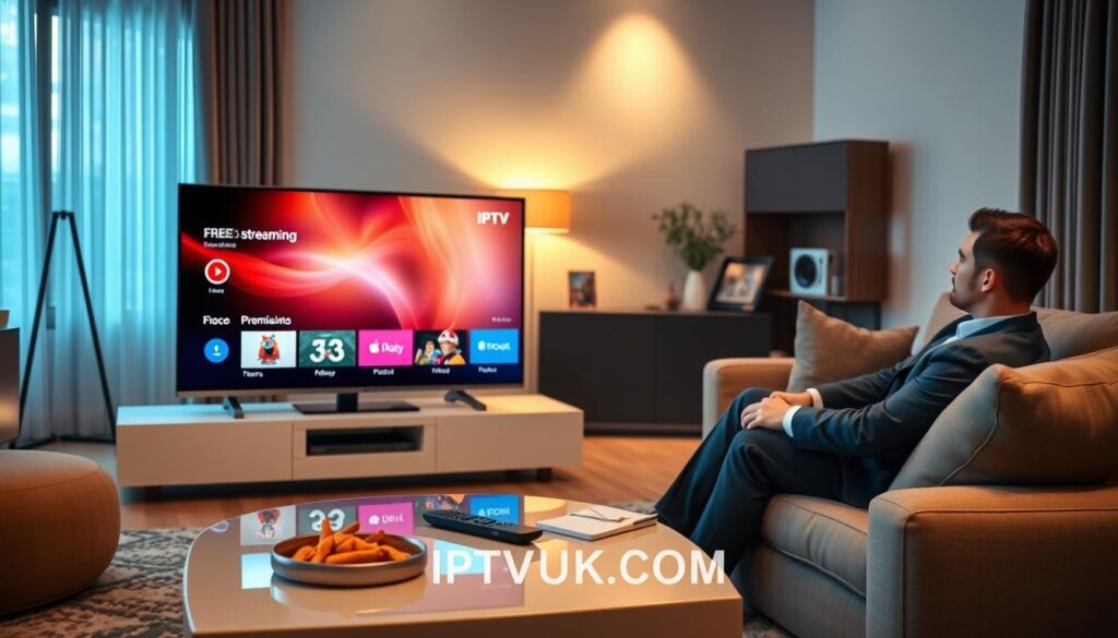A modern living room scene showcasing IPTV streaming. In the foreground, a sleek TV display shows a vibrant interface with both free and premium streaming options clearly distinguished, symbolizing choice and accessibility. The middle contains a stylish coffee table adorned with a remote control and snacks, suggesting a cozy viewing experience. The background is softly illuminated by warm lighting from floor lamps and windows, creating an inviting atmosphere. A person in professional business attire sits comfortably on a plush sofa, engaged with the TV. The overall mood is relaxed and enjoyable, emphasizing the convenience of IPTV. Include the brand name "IPTVVUK.COM" subtly integrated into the design of the TV interface.