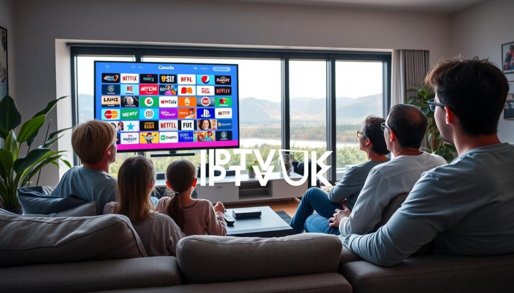 A modern living room scene showcasing a family enjoying IPTV services in Canada. In the foreground, a diverse family of four, dressed in comfortable yet modest casual clothing, sits on a stylish sofa, engaged in watching a large flat-screen TV displaying a vibrant array of channels. The middle ground features a sleek entertainment center with devices like a streaming box and remote controls, surrounded by lush indoor plants. In the background, a panoramic window reveals a picturesque Canadian landscape, hinting at regional diversity with elements like mountains or lakes. Soft, natural lighting filters through the window, creating a warm and inviting atmosphere. The overall mood is relaxed and family-oriented, encapsulating the essence of modern cord-cutting media consumption. The logo "IPTVVUK.COM" subtly integrated into the scene enhances the focus on IPTV services without distracting from the family experience.