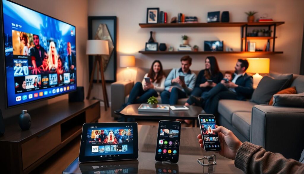 A modern living room scene showcasing a family enjoying Pulse 4K IPTV on multiple devices. In the foreground, a sleek, large-screen television displays vibrant content, surrounded by a stylish coffee table with a tablet and a smartphone featuring the IPTVVUK.COM interface. In the middle ground, parents and children relax on a comfy sofa, engrossed in their shows, dressed in casual yet professional clothing. Soft, warm lighting from nearby lamps creates a cozy atmosphere, highlighting the diversity of devices streaming simultaneously. The background features a tasteful wall with decorative shelves, showcasing a mix of books and media. The overall mood is inviting and family-friendly, emphasizing the convenience of multi-device streaming.