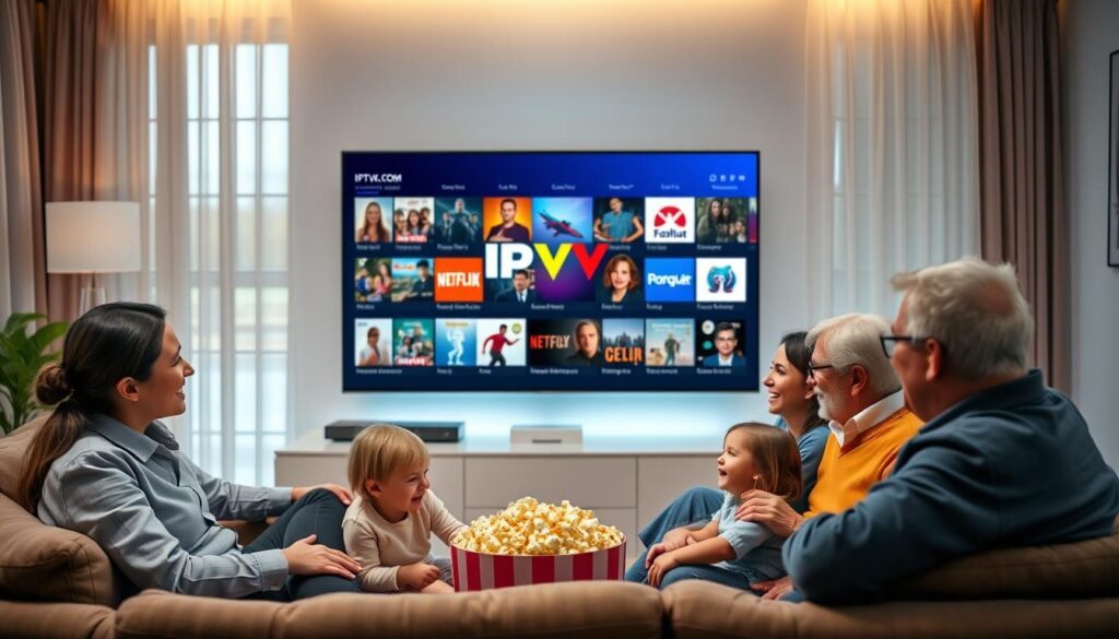 A modern living room scene showcasing a family enjoying streaming services on a large flat-screen TV. In the foreground, a diverse family of four – a young couple, their child, and a grandparent, all dressed in smart casual attire – are sitting comfortably on a cozy sofa, laughing and sharing a bowl of popcorn. In the middle ground, the TV prominently displays the IPTVVUK.COM logo, surrounded by vibrant thumbnails of various streaming content. The background features a warm, inviting ambiance with soft lighting, emphasizing a feeling of togetherness and enjoyment. The scene is captured from a slightly angled perspective to highlight both the family and the entertainment system, with ambient light filtering through sheer curtains, creating a relaxed atmosphere perfect for family activities.