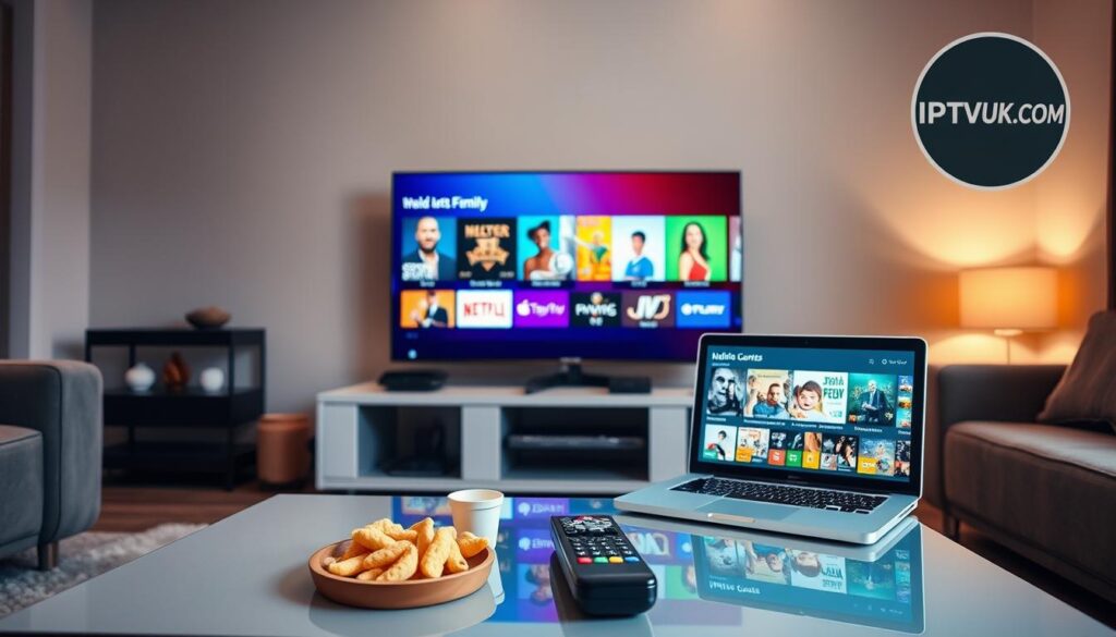 A modern living room scene showcasing a sleek flat-screen TV displaying a vibrant IPTV interface. In the foreground, a stylish coffee table is adorned with a remote control, snacks, and a laptop streaming various IPTV content options. The middle ground features the TV screen, showcasing colorful thumbnails representing different types of IPTV content such as movies, sports, documentaries, and children's programs. The background has cozy furnishings with soft lighting creating a warm and inviting atmosphere. The mood is relaxed and engaging, perfect for family viewing. Include a subtle logo in the corner that says “IPTVVUK.COM”. The scene captures the essence of modern entertainment in a home setting, emphasizing convenience and variety.